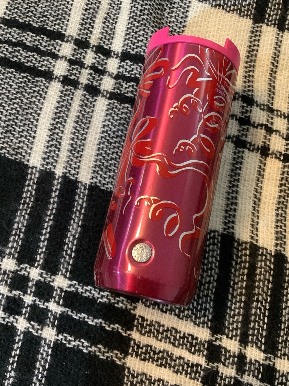 Starbucks holiday ribbon pink & red 12 oz tumbler